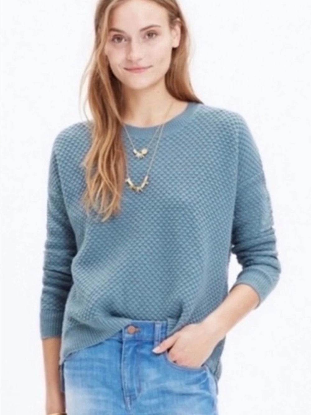 Madewell Landmark Side-Zip Sweater Medium Blue Teal Textured Knit